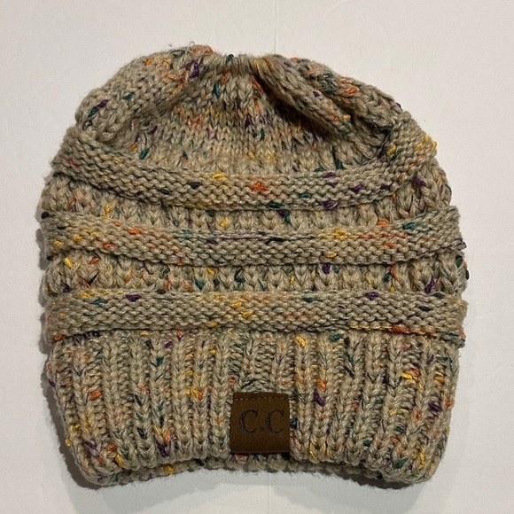 C.C Accessories - C.C Knit Beanie messy bun/ponytail - Speckled Tan hat